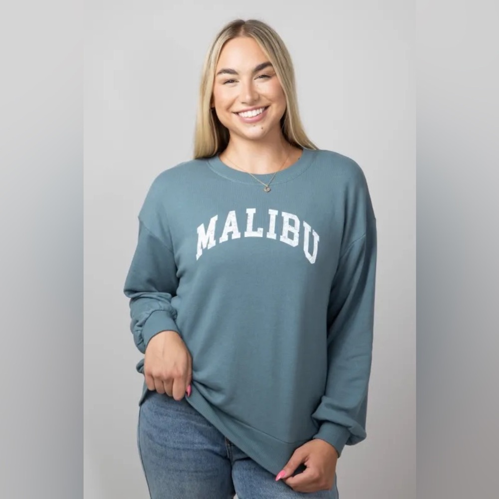C&C California Crewneck Sweatshirt in Slate-Teal with Malibu Print